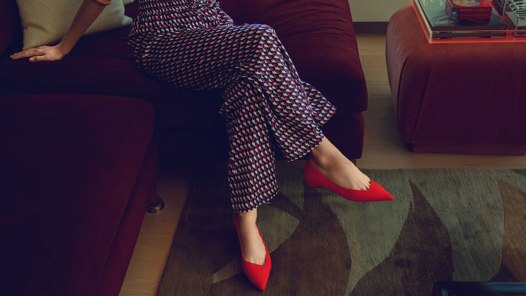 Red vegan faux suede pointy-toe dress flats