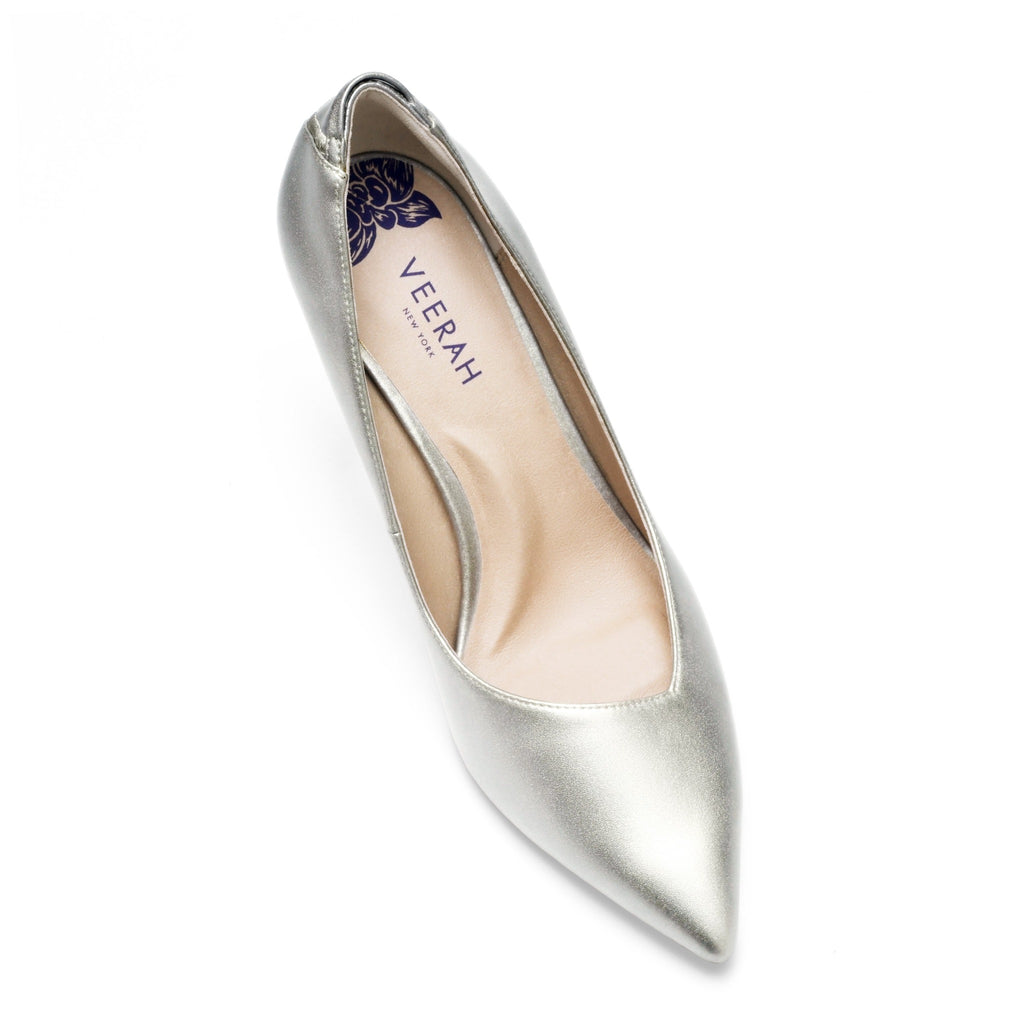 Silver vegan pumps with a pointed-toe and mid-heel height and cushioned algae-foam insoles for all day comfort.