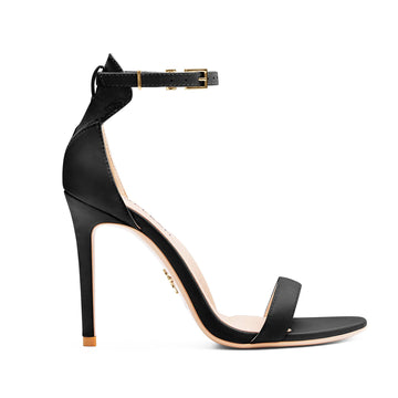 Apple leather black high-heel vegan sandal with ankle strap and stiletto heel – stylish open-toe women's vegan shoe for elegant and bold fashion looks.