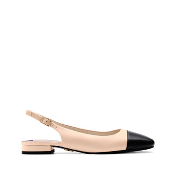Elegant beige slingback vegan flats with black cap toe and low heel – sophisticated and versatile women's vegan shoes for work, casual, or formal wear.