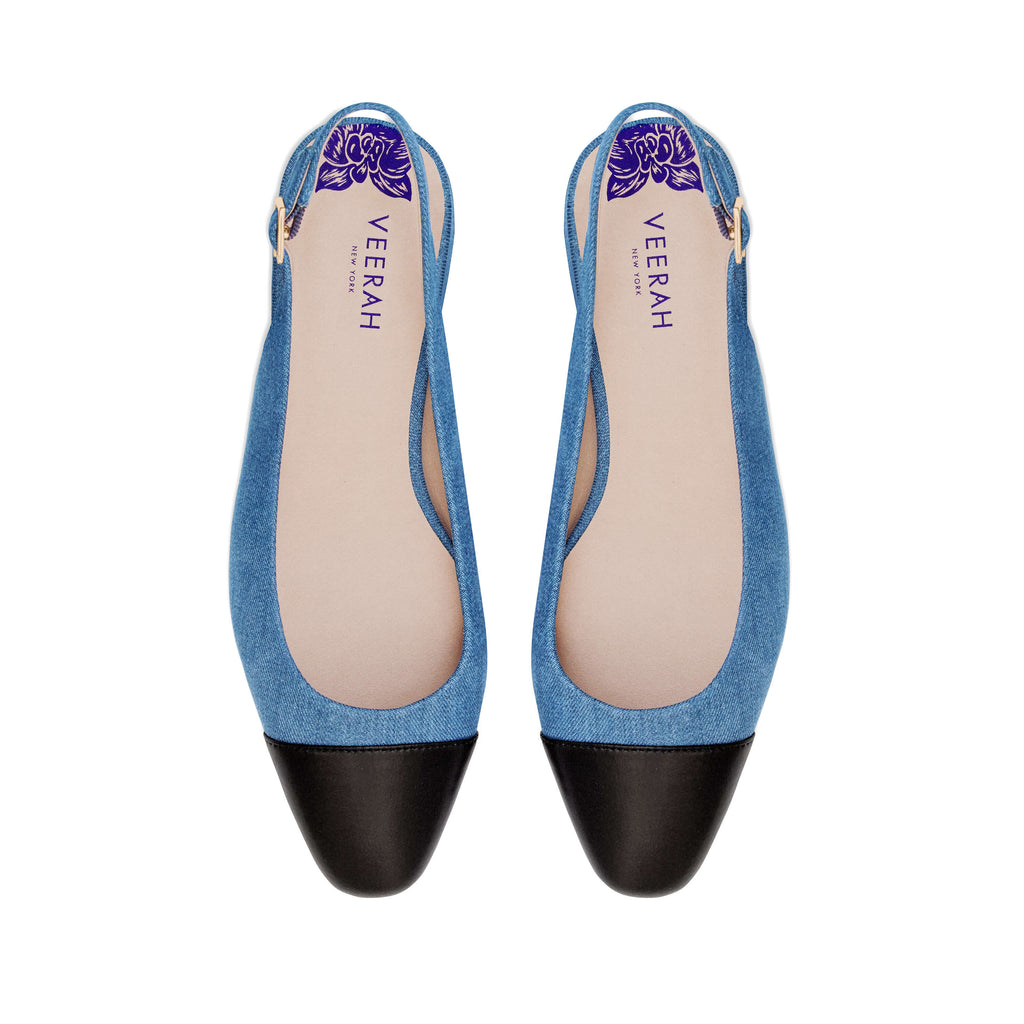 Stylish blue denim slingback vegan flats with black cap toe and low heel – chic and comfortable women's vegan shoes perfect for casual and dressy outfits.