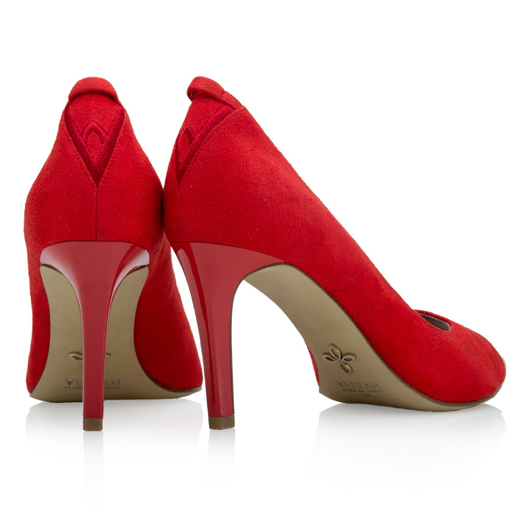 Volcano Red Vegan Suede Peep Toe Pump Heels (Back View)