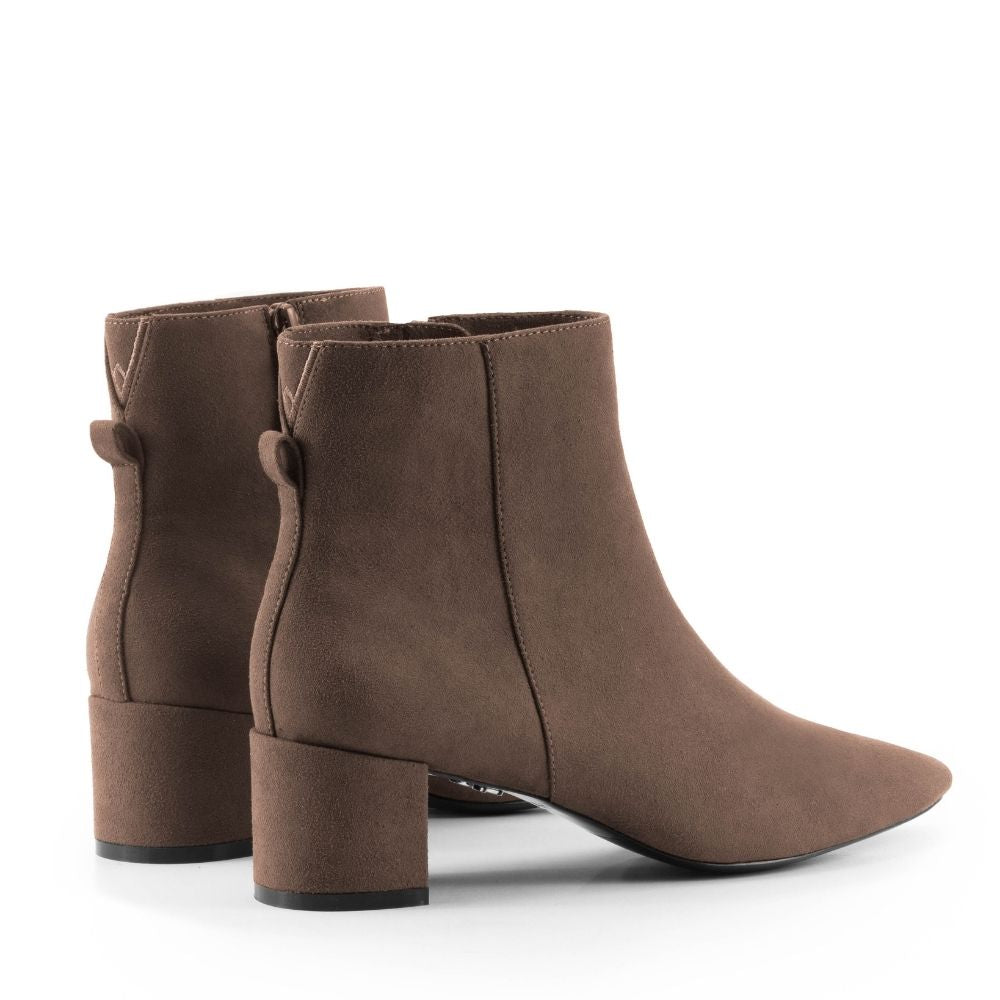 Brown vegan suede ankle boot with block heel – chic and versatile women's vegan footwear for casual and dressy outfits.