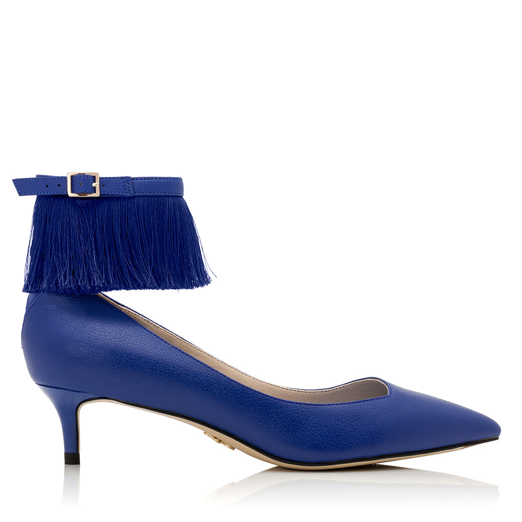 apple leather blue kitten heels with flapper fringe ankle straps
